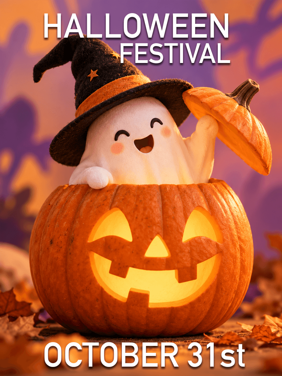 Boo at the Park: a friendly ghost in a witch hat popping out of a jack-o-lantern.