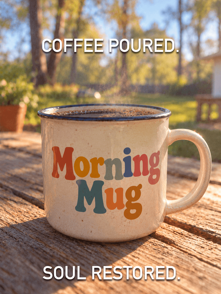 Morning Mug: a steaming mug of coffee on a sunny deck.