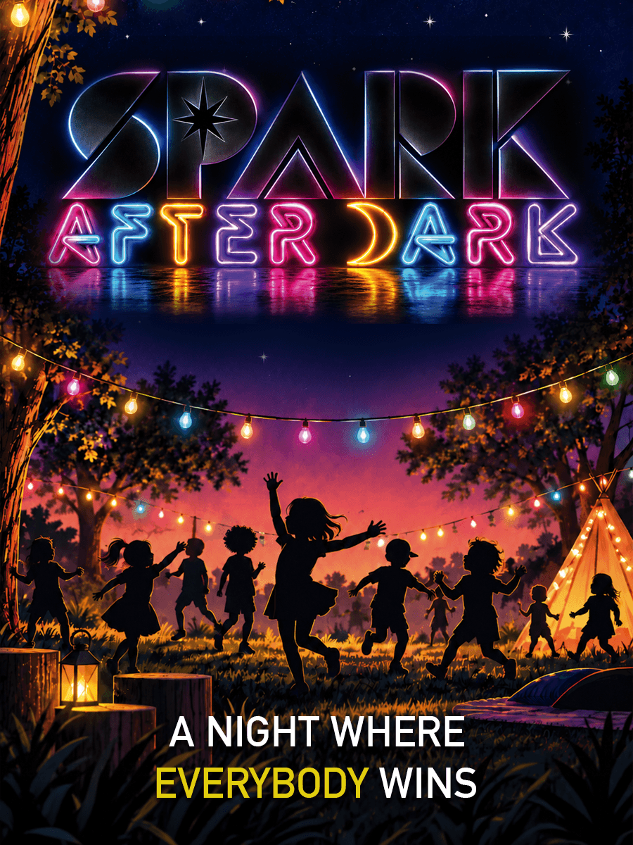 SPARK After Dark: kids playing under string lights at night.